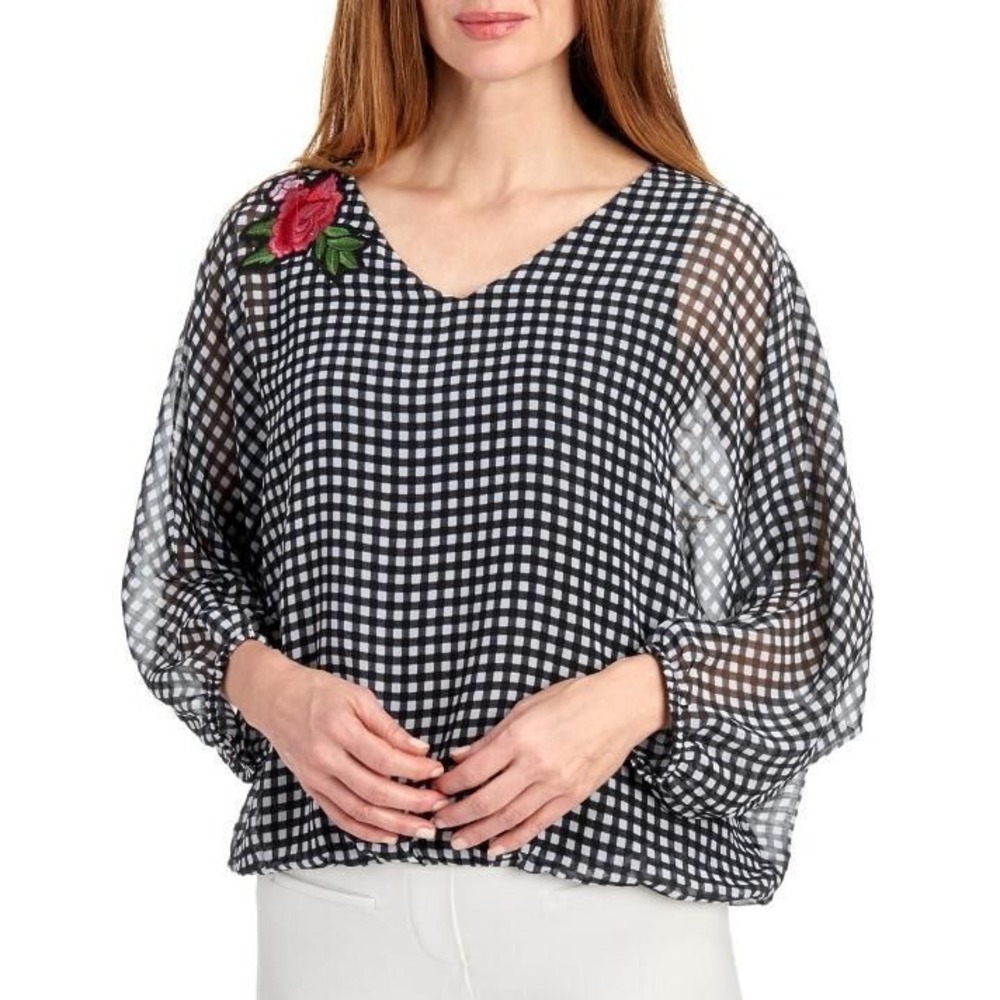 Coco Bianco Gingham Embroidered Blouse Women's‎ L Batwing Boho Lagenlook Top
